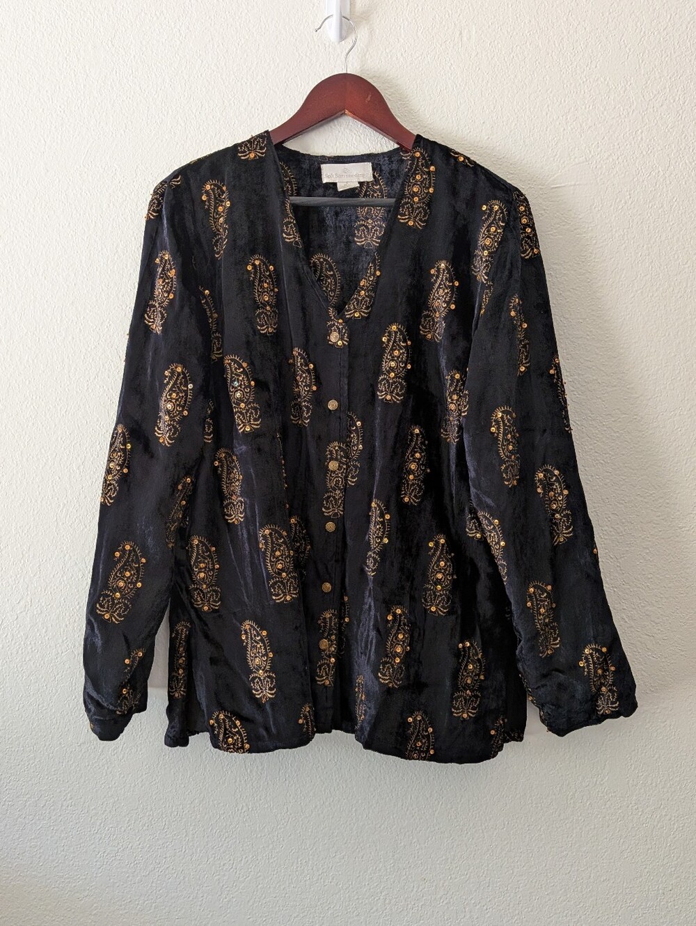 Soft Surroundings Velour Paisley Print Button Front Velvety Black Blouse Top L